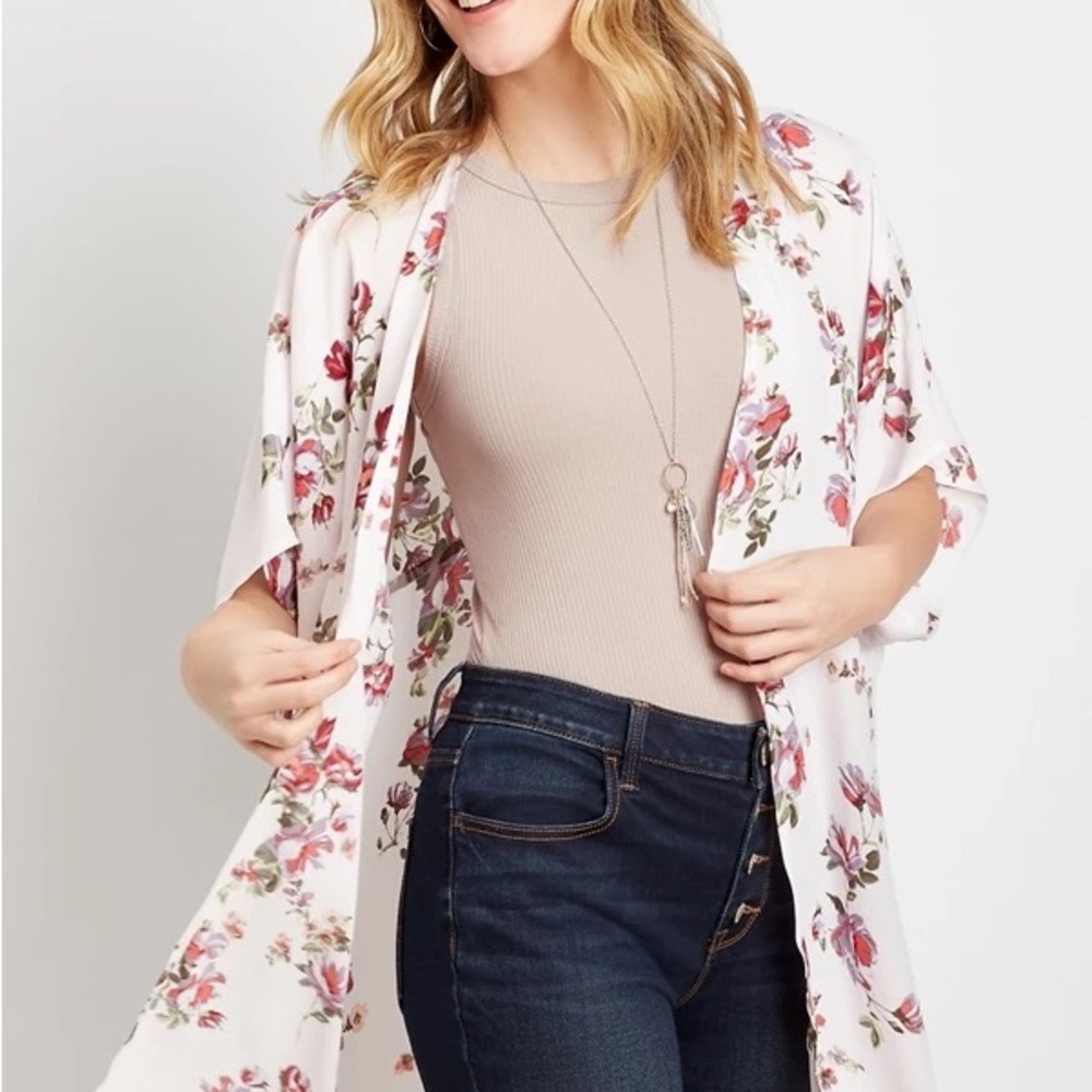 Maurice’s White Floral Kimono Wrap Cardigan - Picture 2 of 3